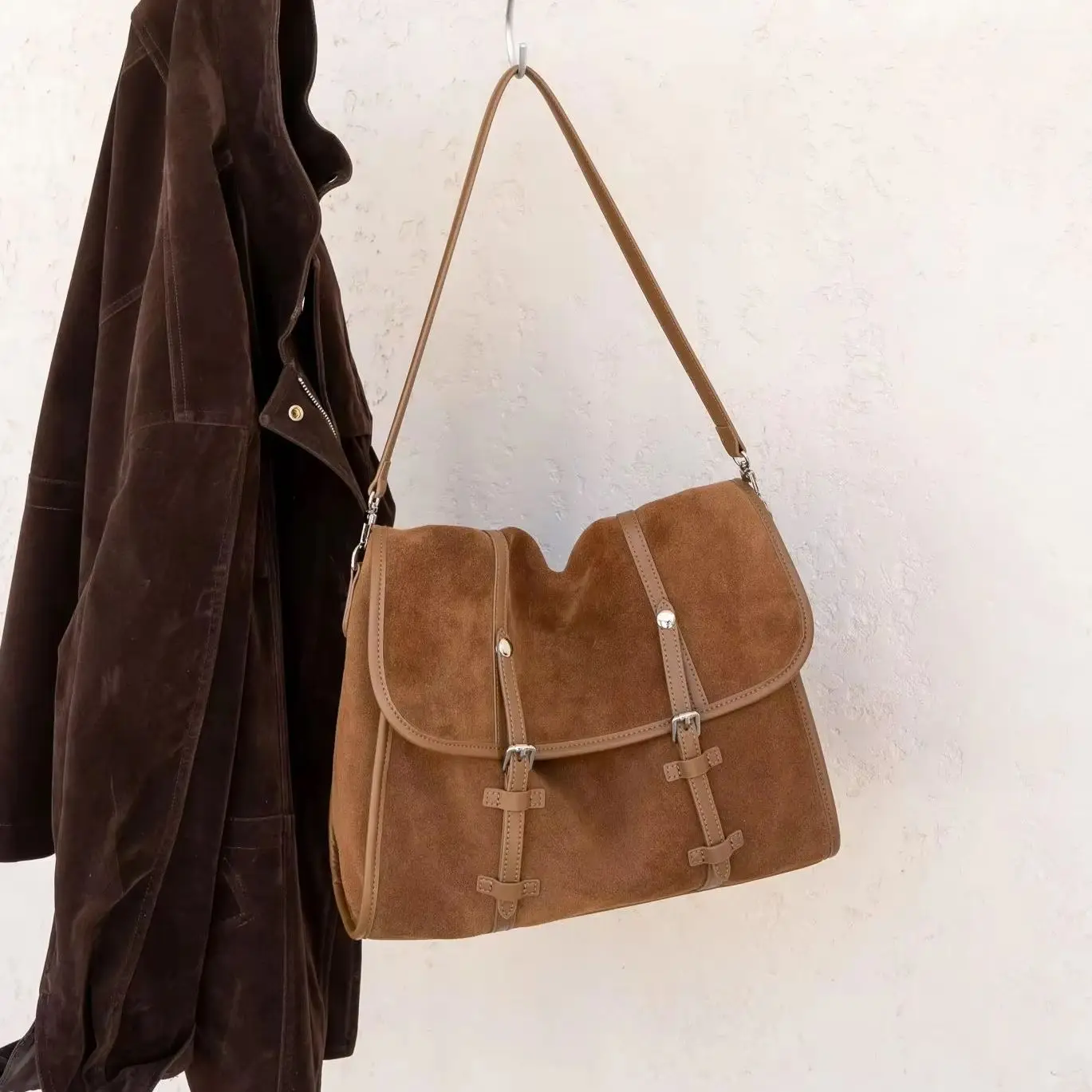 Women's Suede Leather Buckle Flap Messenger Shoulder Crossobdy Bag Large‑Capacity Tote Bag Travel Office Daily Commuter Handbag