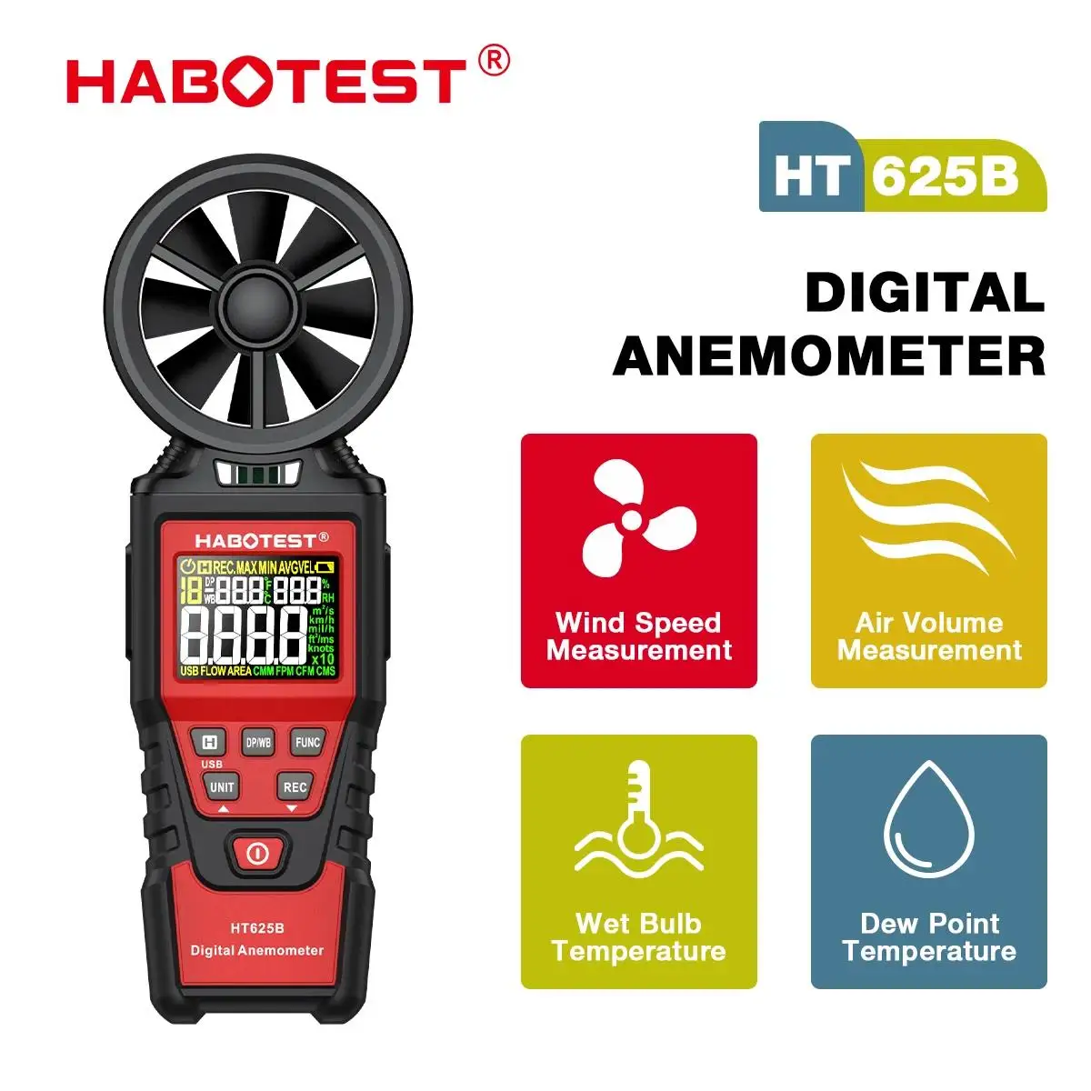HABOTEST HT625A Digital Anemometer Portable Hand Held Wind Speed Meter Windmeter LCD Display Temperature Humidity Meter HT625B