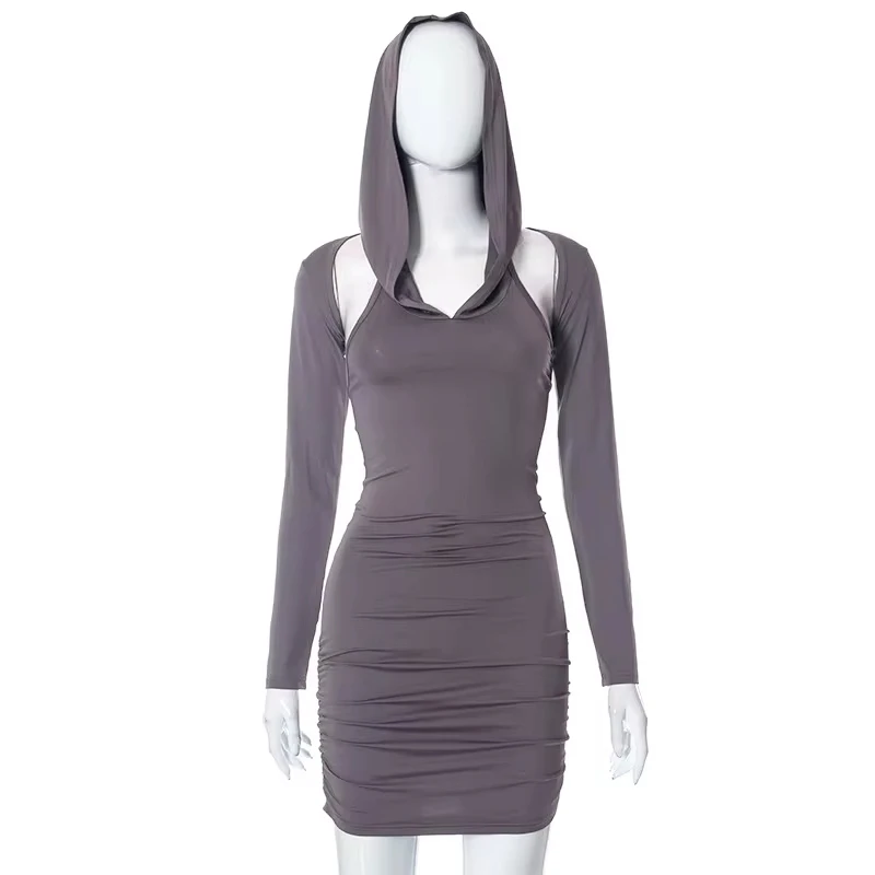 

Sexy Spicy Mini Dress Solid Color Hooded Pleated Packaged Butt Women's Autumn New European And American Style