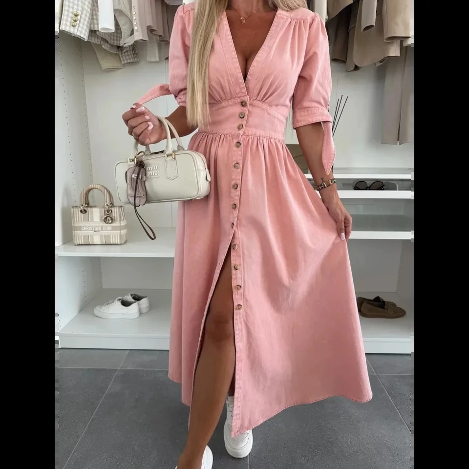 

Jean Dress Women Summer New Women's Clothing Solid Color Fashion Sexy V-neck Long Single-Breasted Denim Dress