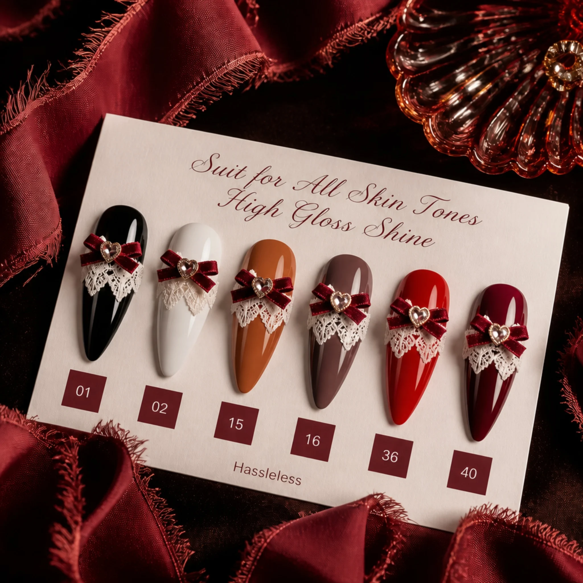 Hassleless Autumn/Winter Red Series Selection: 6 Autumn/Winter Christmas Color Tones, Including Pure White, Warm Chestnut Brown, Gray Coffee, Wine Red, True Red, and Glossy Black, Suitable for Christmas, Thanksgiving, and New Year Nail Art.