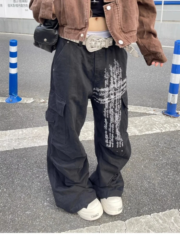 2025 Cyber Y2K Lettera di moda stampata Pantaloni jeans cargo larghi neri per abbigliamento donna Pantaloni lunghi in cotone dritto Ropa Mujer