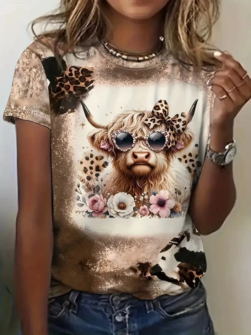 

Женская футболка с короткими рукавами и принтом коровы PLUS -3D Highland, свободная и повседневная, мягкая, удобная и дышащая, для занятий спортом на открытом воздухе