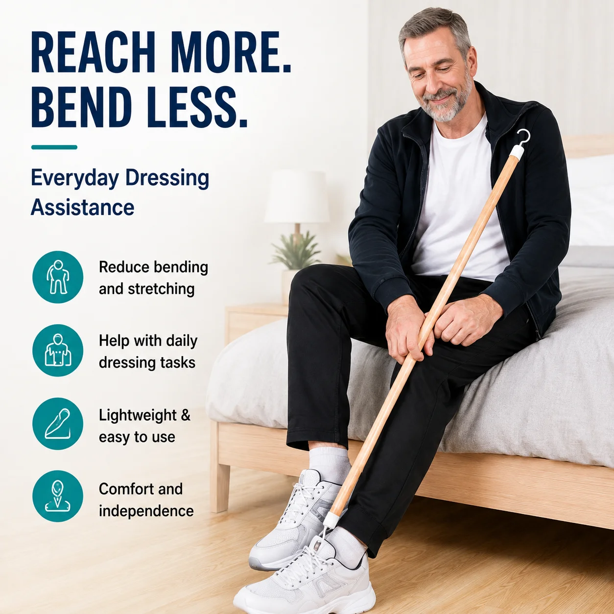 2-in-1 Dressing Stick with Shoe Horn & Sock Aid Detachable Wooden Dressing Stick Mobility Aid for Elderly, Post-Surgery Recovery view 4