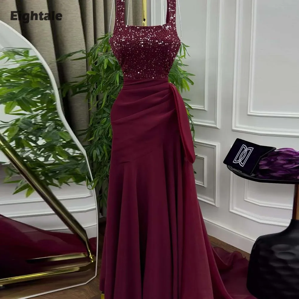 Eightale Arabisch Abendkleid Abendkleid Angepasst Spaghetti Strap Burgund Pailletten Hochzeit Party Kleid Meerjungfrau Roben De Soirée