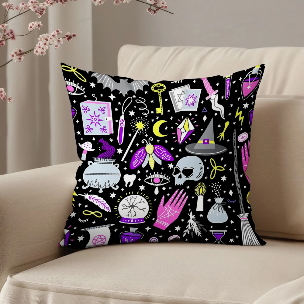 Square Throw Pillow Case Black Witchcraft Magic Symbols Print For Living Room Bedroom Sofa Chair Home Decor Cushion Cover