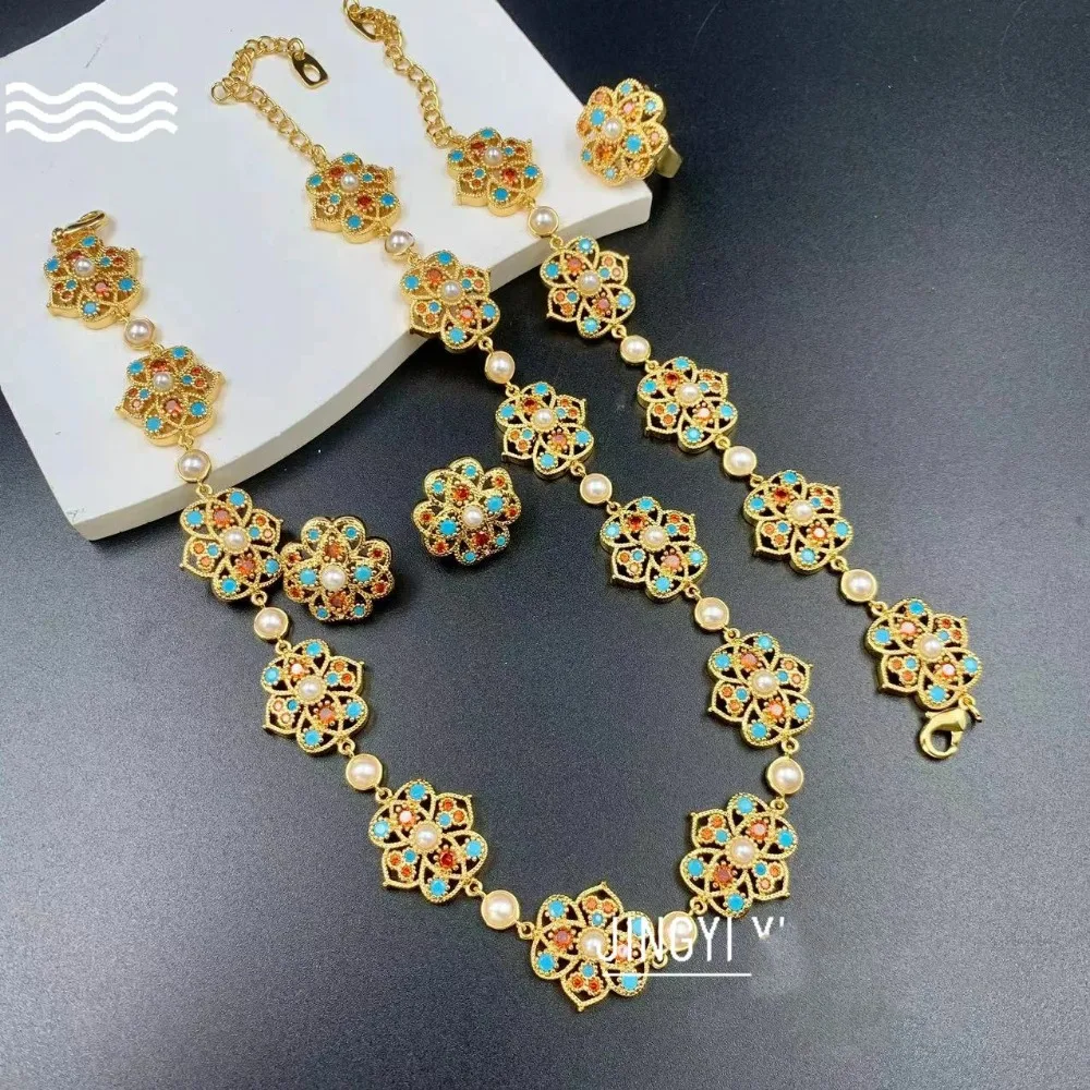New Year Medieval Niche Irregular Flower Jewelry Set Light Luxury Brass Inlaid Rhinestone Bracelet Necklace Earrings Ring Set
