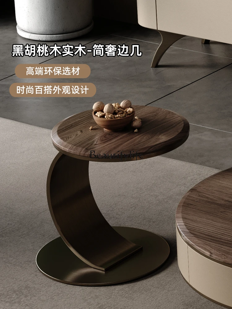 Solid Wood C- Type Coffee Table North America Black Walnut Small round Table Sofa Side Table Movable