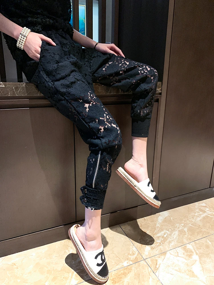 2023 Spring Summer New Fashion Zippers Harem Pants Women Refined Handmade Lace Patchwork Casual Pants Korean Slim Cropped Pants