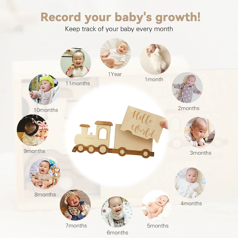 Tarjetas de hito mensuales de madera para bebé, tren de doble cara, número, mes, accesorios de fotografía recién nacido, regalo para bebé