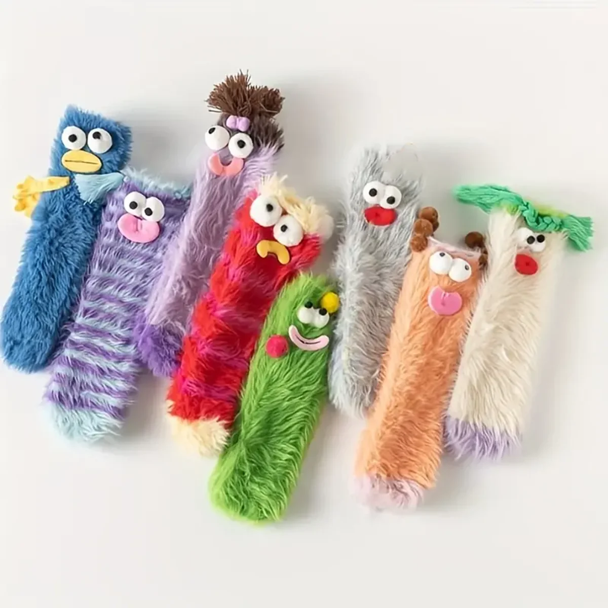 1 pair of fluffy cartoon monster socks expression socks, fun and warm plush slippers socks, girls and teenagers medium tube sock