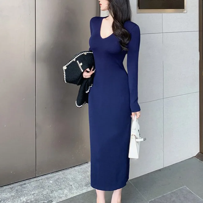 

7814 Spring 14-Needle High Twist Cotton Deep V-Neck Non-Deforming Regular Shoulder Waist-Cinching Bodycon Inner Wear Long Dress