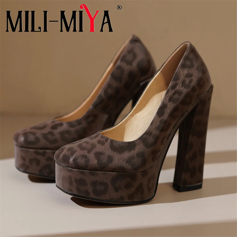 MILI-MIYA Women's Leopard-Print Lambskin Square-Toe High-Heel Shoes With Platform And Extra-High Heel Slip On Big Size 34-41 Dre
