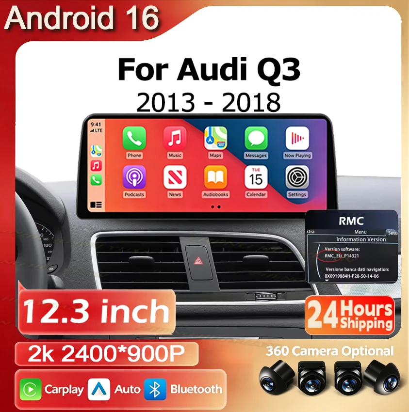 Android 16 12.3 inch For Audi Q3 2013-2018 Lntelligent Multimedia Right Angle Touch Screen Android Auto Wireless Carplay WIFI BT