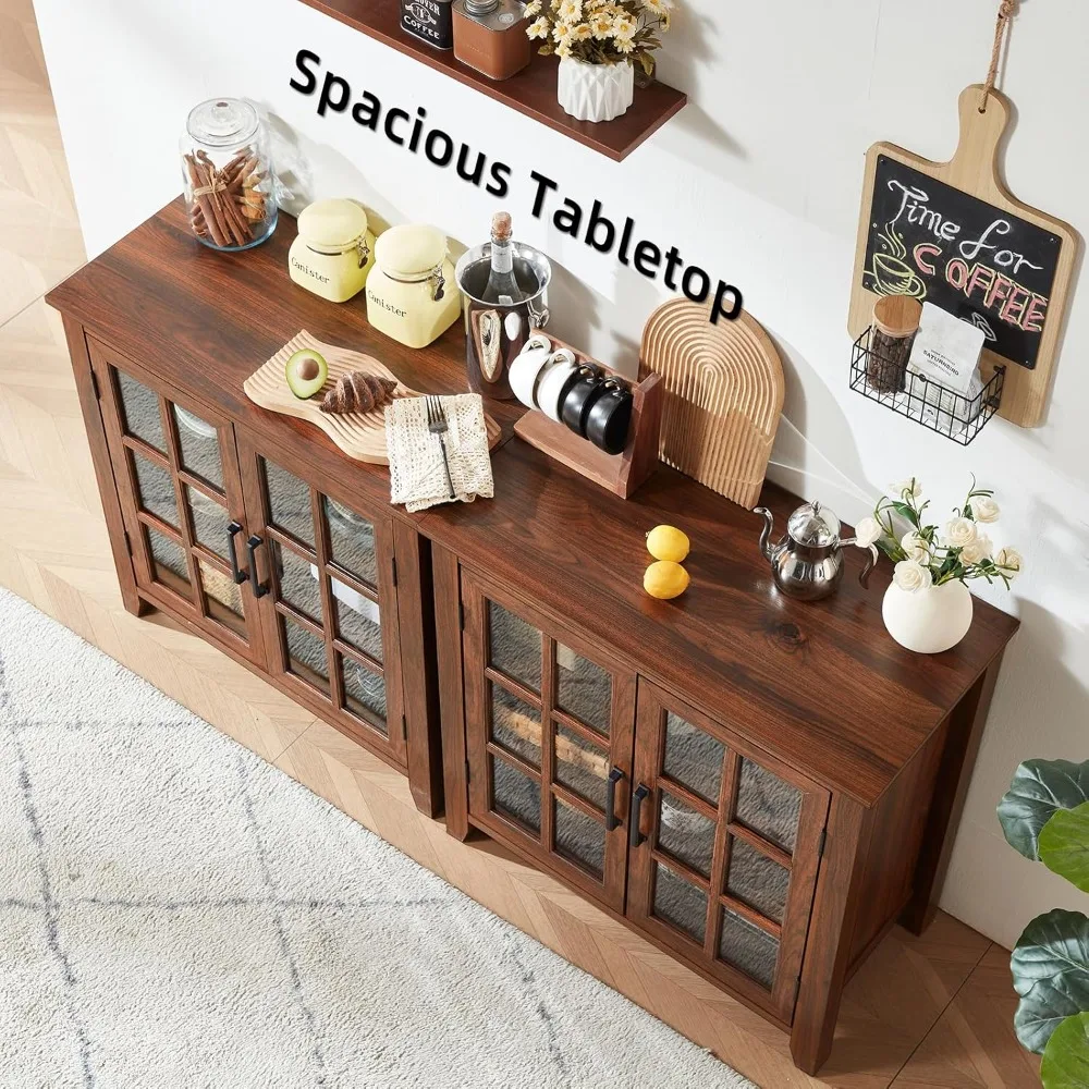 収納付き大型サイドボードビュッフェキャビネット、32インチファームハウスブラウンキッチンコーヒーワインバーキャビネット、ガラス扉2枚付き。