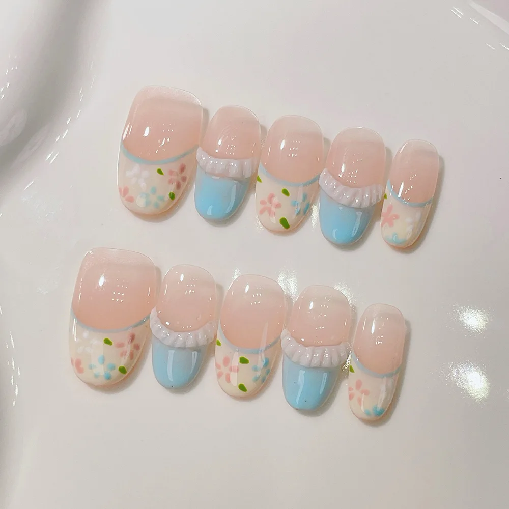 Kit de 10 Uñas Postizas Ovaladas Cortas Hechas a Mano, Uñas Falsas Rosadas, Arte de Uñas Suave y Elegante, Estilo Riverside Orchid Stream