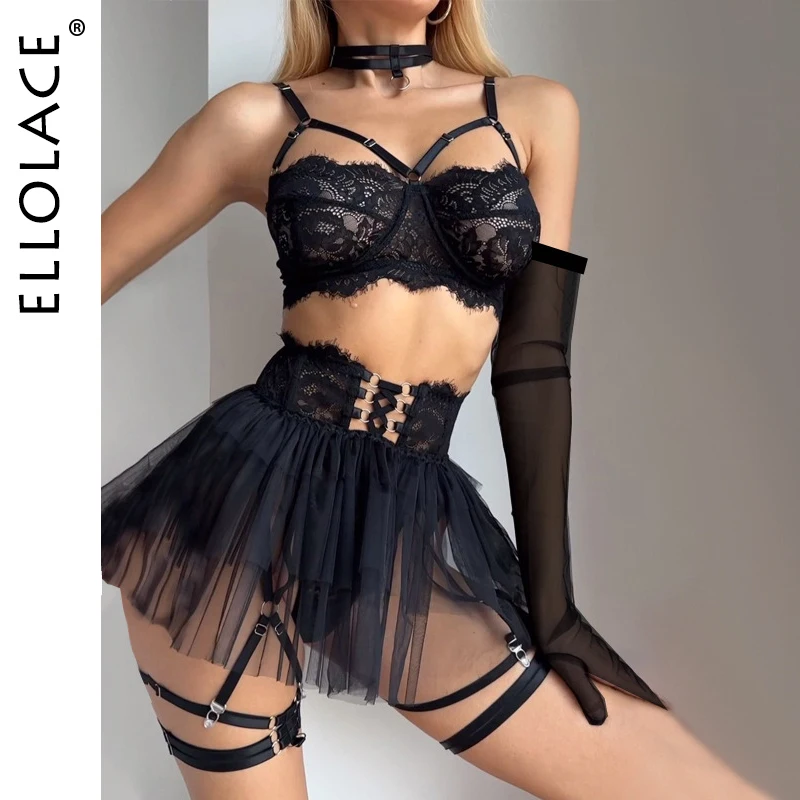 

Ellolace Lace Lingerie With Long Gloves See Through Bra Ruffle Suspenders Fantasy Underwear Sexiest Fancy Erotic Outfits