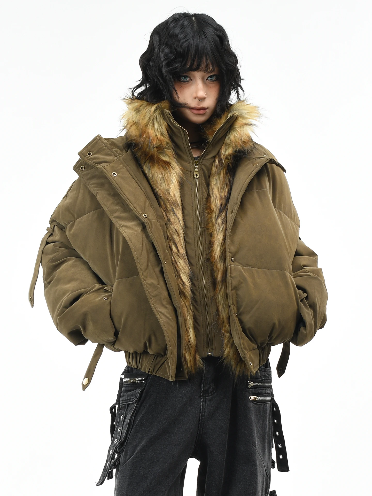 

Оригинальное американское ретро-пальто OV из утолщенного хлопка для женщин, зимнее, свободного кроя, премиум-класса, с меховым воротником и элементами пэчворка