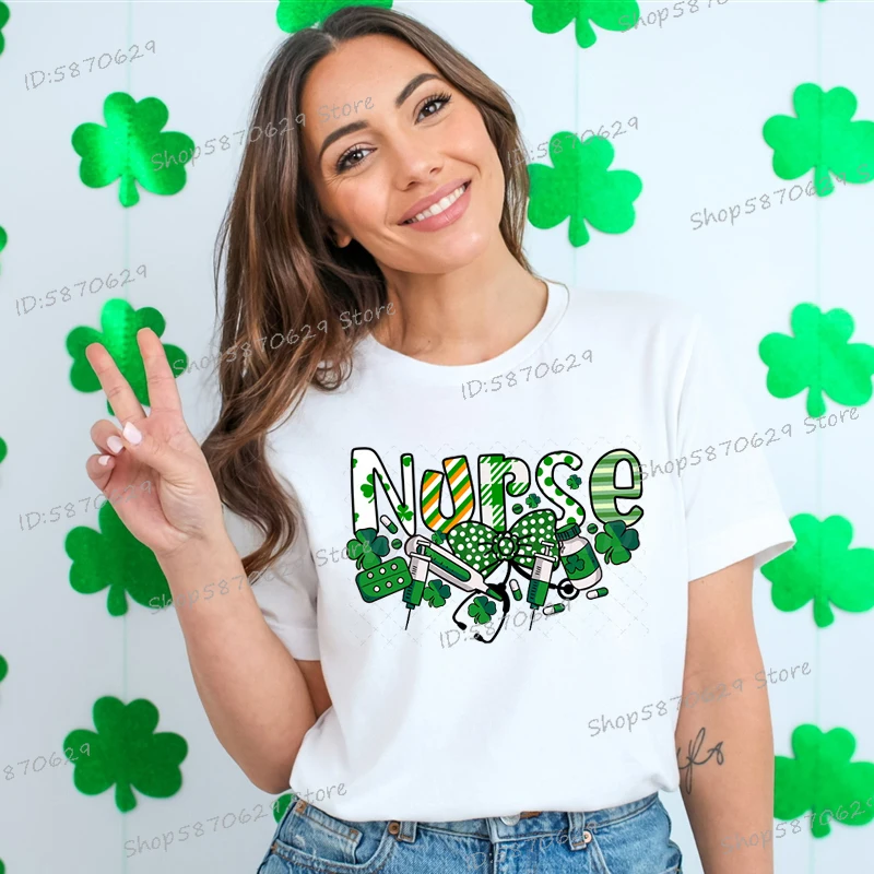 Nurse Medical Supplies Graphic Women T-shirts St Patrick's Day Fashion Short Sleeve Gift Tops Green Clover Nurse Lucky Tshirt