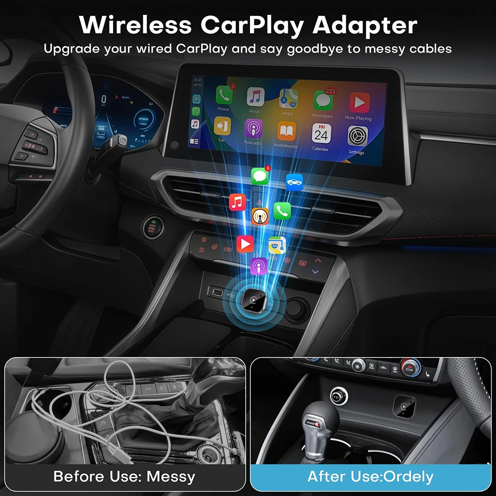 Adaptador Inalámbrico CarPlay Tipo-C 2026, Último Modelo, Convierte CarPlay y Android Auto de Cableado a Inalámbrico, Plug & Play para la Mayoría de los Autos