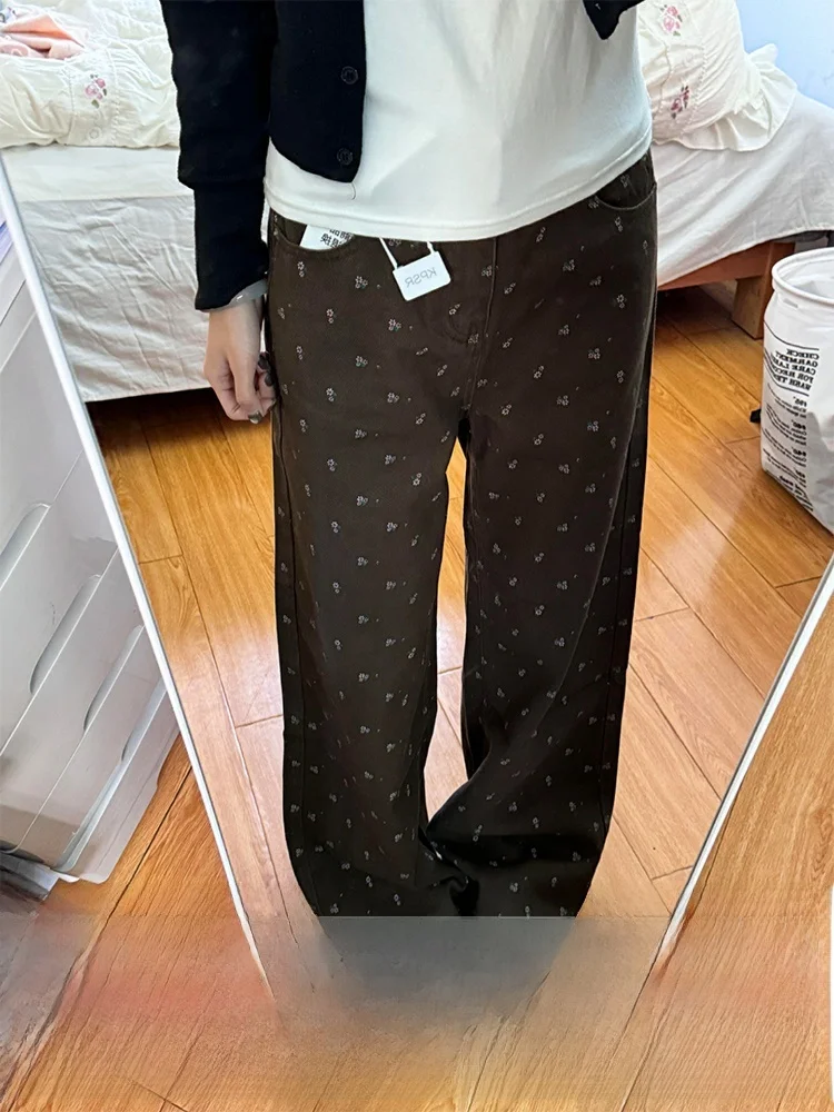 Retro Floral Print High Waist Wide Leg Denim Jeans Women's Autumn Winter Slimming Design Sense Pants a Brown Ladies Jeans