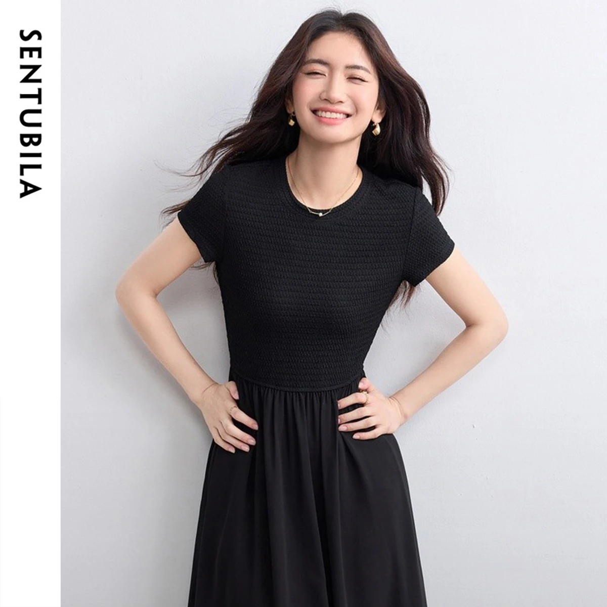 SENTUBILA Women's SummerKnitted Dress Simple Splicing Pleated Black Dresses 2026 New Collection Elegant Woman Clothes 152L59138