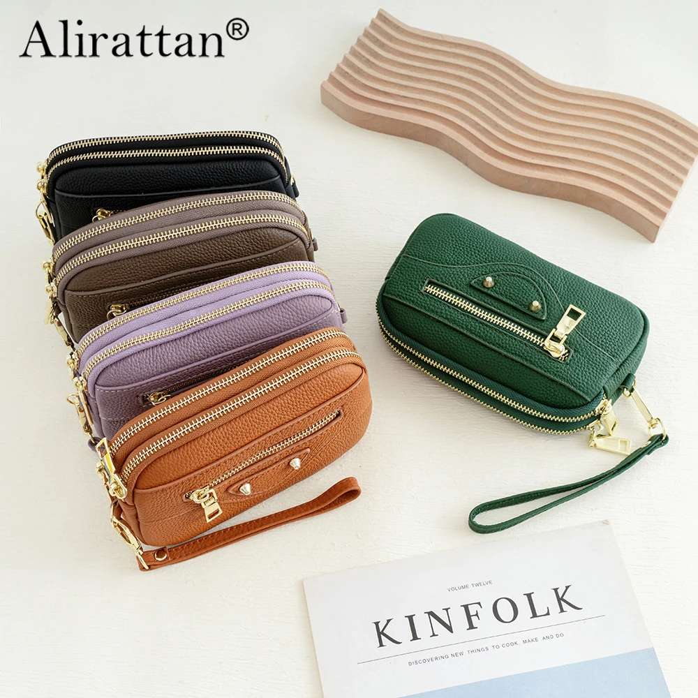 

Alirattan женская сумка из натуральной кожи, новинка 2026, сумка на запястье на молнии, женский длинный кошелек из натуральной кожи большой вместимости
