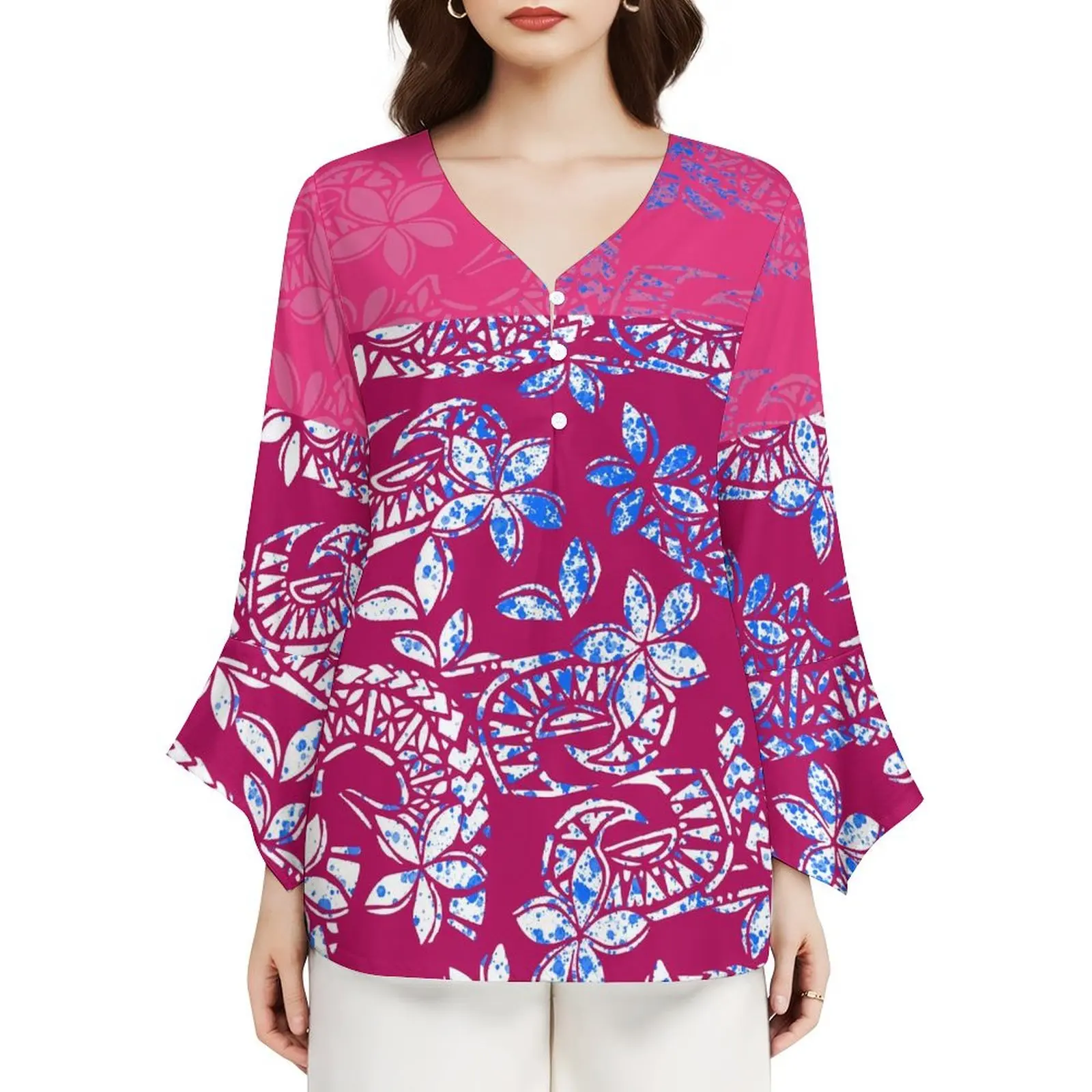 Polynesia New Design Women'S Custom Fashion V-Neck Petal Sleeve Shirt Autumn New Fashion Not Pick People All The Match