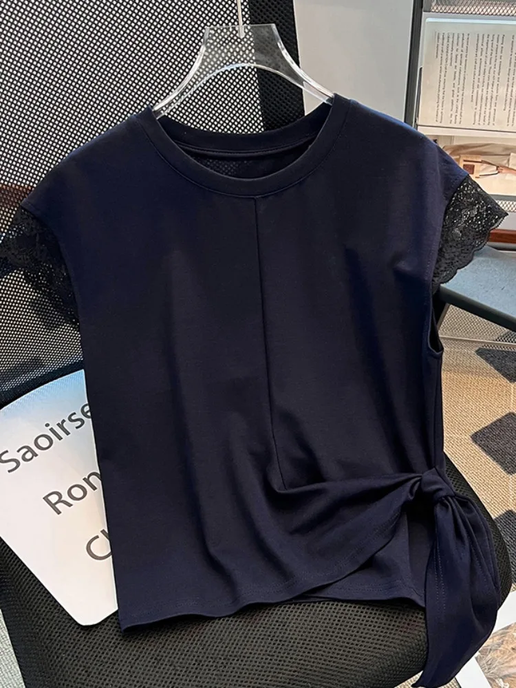 Lace Splice ort Sve T-shirt Dames Zomer Design Sense Gestreepte Bot ort Sle Koreaanse versie Slim Fit ronde Ne Top