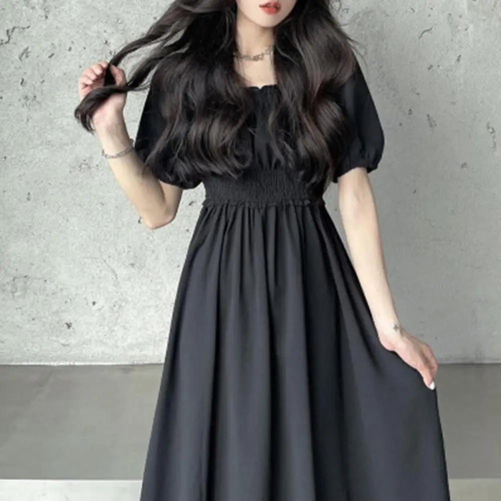 

Women Summer Dress Vintage Square Neck Bubble Sleeve A-line Midi Dress Elegant Pleated Shirring Elastic Bust Loose Hem Ladies