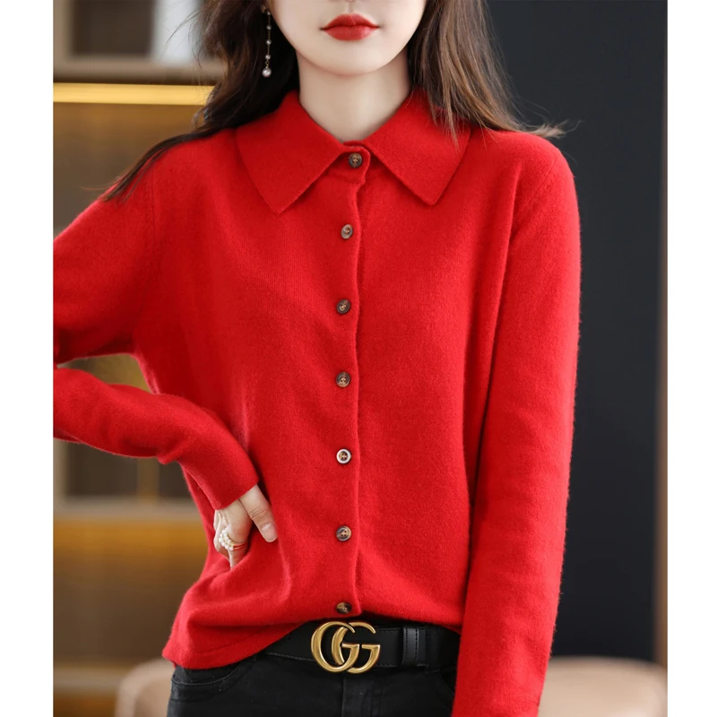 100% pure wool cardigan blouse collar coat Joker cashmere autumn new knitted shirt