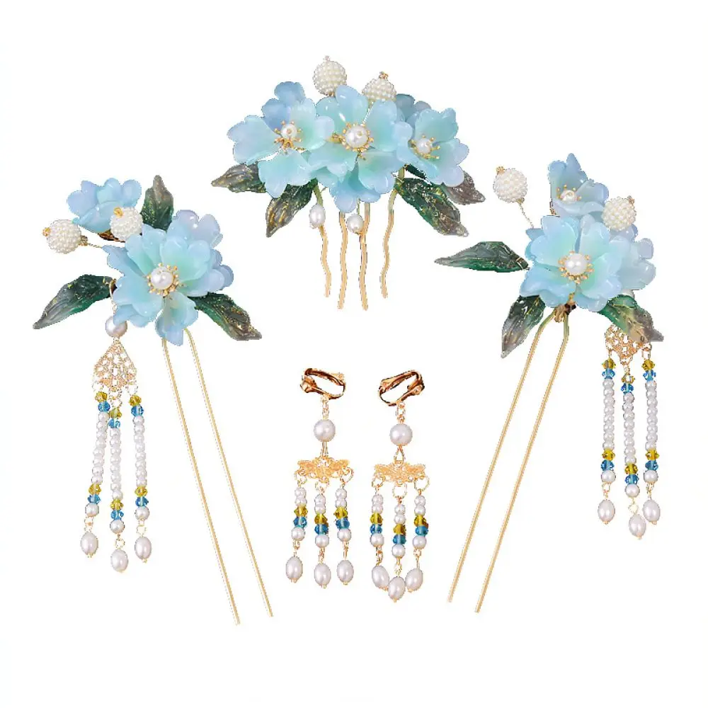 Ancient Style Hair Accessory Set Elegant Alloy Floral Hair Sticks Tassel Earrings Oriental Headdress For Photo Shoot