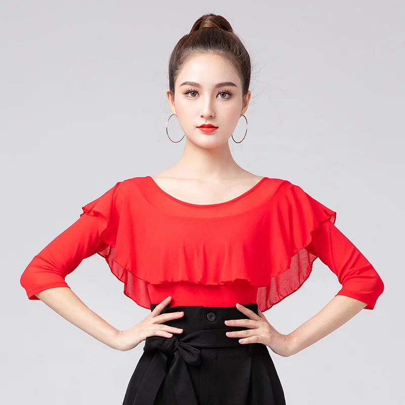 

2022 Summer Modern Dance Competition Performance Practice Women National Standard Dance Ruffled Sleeve Latin Dance Costume Tops