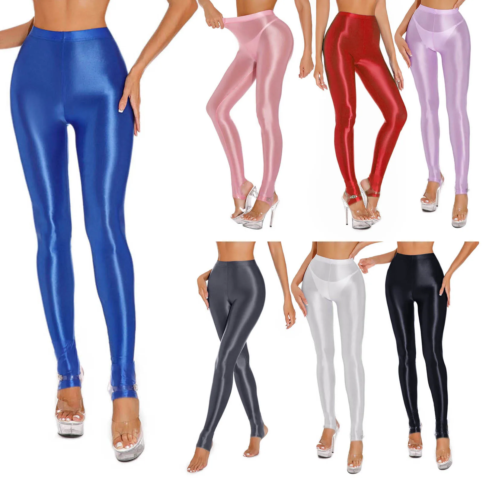 Womens Glossy Leggings High Waist Elastic Waist Tights Pants Gymnastics Yoga Workout Pants Tummy Control Sport Jogging Pants