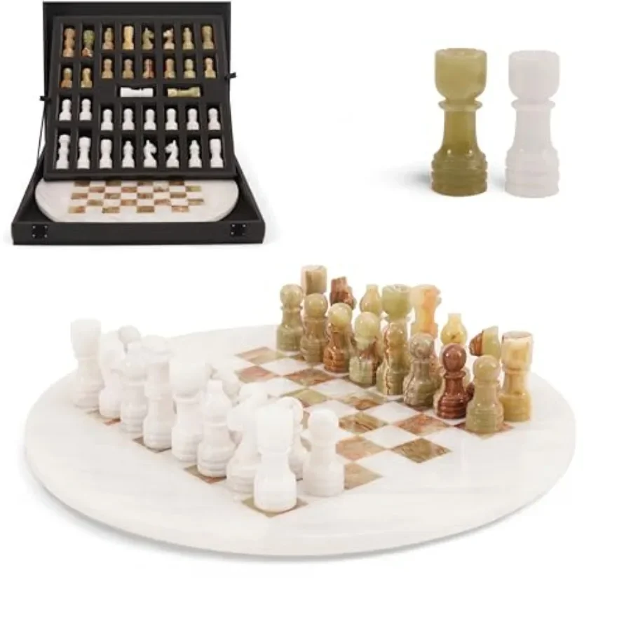 

Marble Chess Set for Adults: White Green Handmade Board, 15 with Complementary Storage Box and Extra Queens