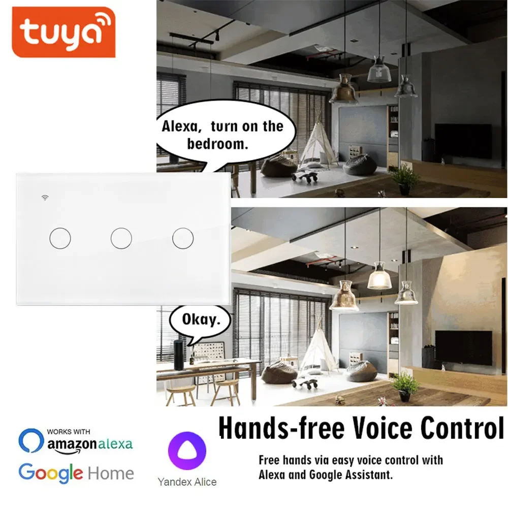 TUYA WiFi Smart Home Wall Touch Switch No Neutral Wire Required Tempered Glass Panel Whole House Light Control 1/2/3/4 Gang