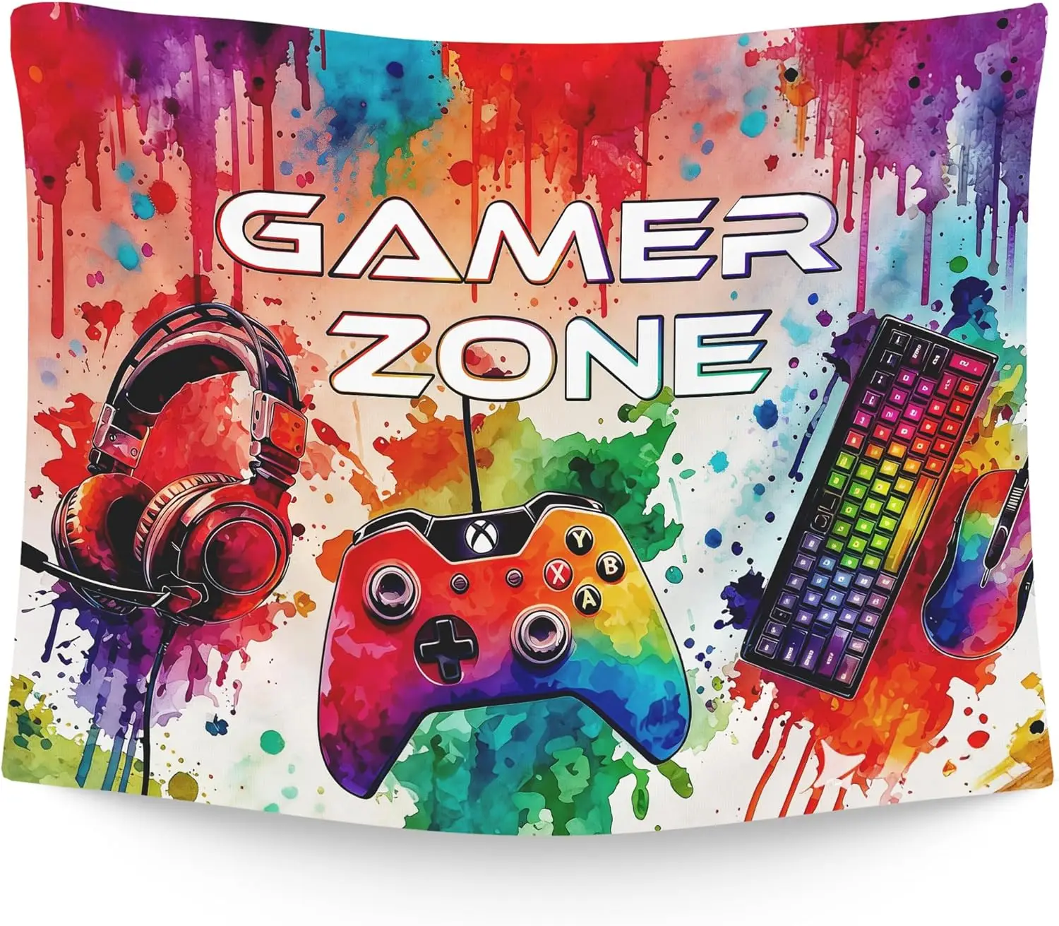 Gamer Zone Tapestry Vintage Indie Boho Tapestry Wall Hanging with Watercolor Game Controller Headphones Keyboard Mouse Aesthetic