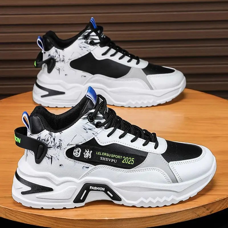

Fall Men's Casual Running Shoes Thick Bottom Wear-Resistant Mid-Cut Dad Shoes Breathable round Toe Rubber Outsole Pure Color