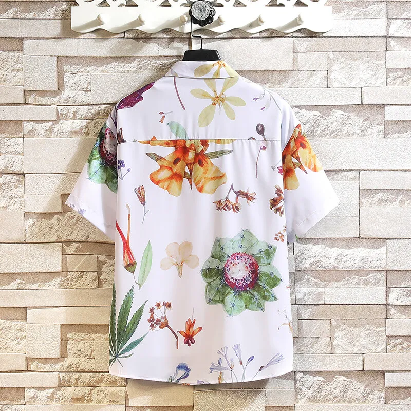 2026 Summer Men's White Short Sleeve Printed Shirt, Beach Vacation Shirts, White Black Gray Green Blue Loose Top, 2025 New