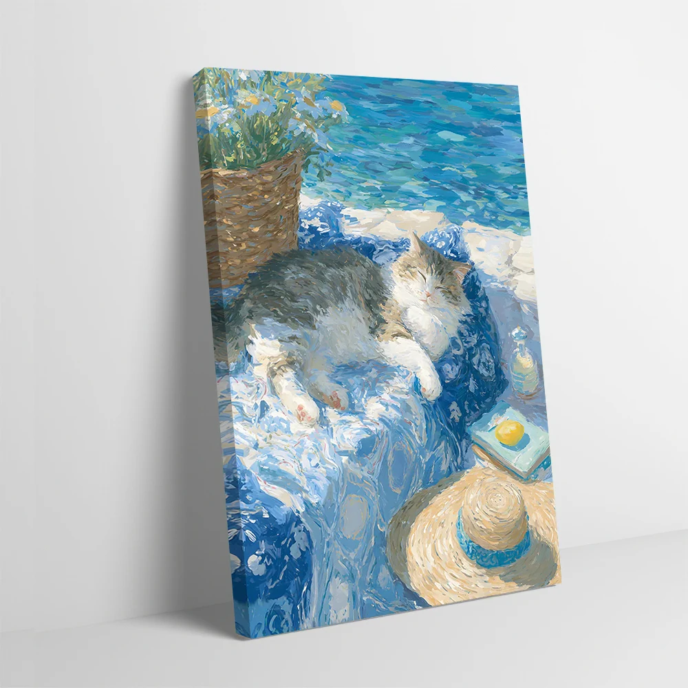 Cat Nap By the Sea Painting Poster Customizable Printed Canvas Painting Wall Art Gift for Interior Decoration Gaming Decor Room