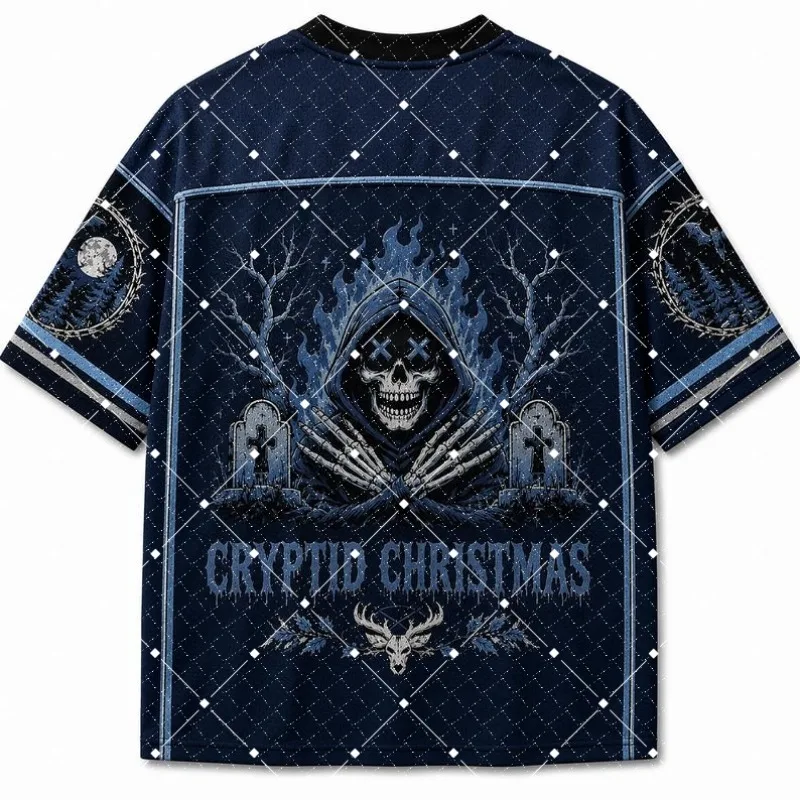 Gothic Grim Reaper Skull Print V Neck Jersey T‑Shirt Cryptid Christmas Horror Short Sleeve Loose Streetwear Hip Hop Sport Tee