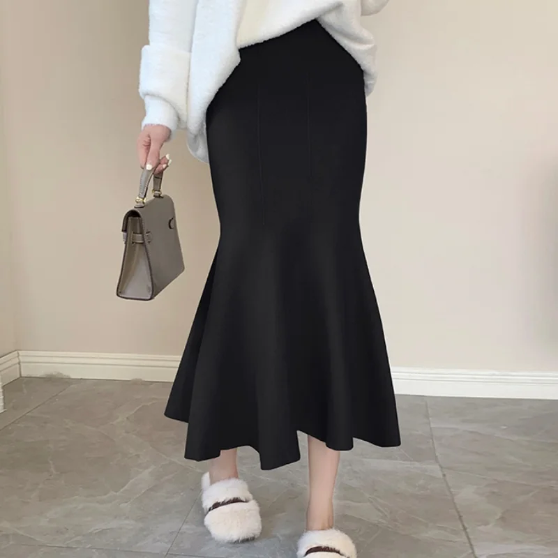 Knitted Midi Skirt Ruffled Hem Midi Length Pull-on Flared Fishtail Skirt for Women Autumn Winter Elegant Outfit