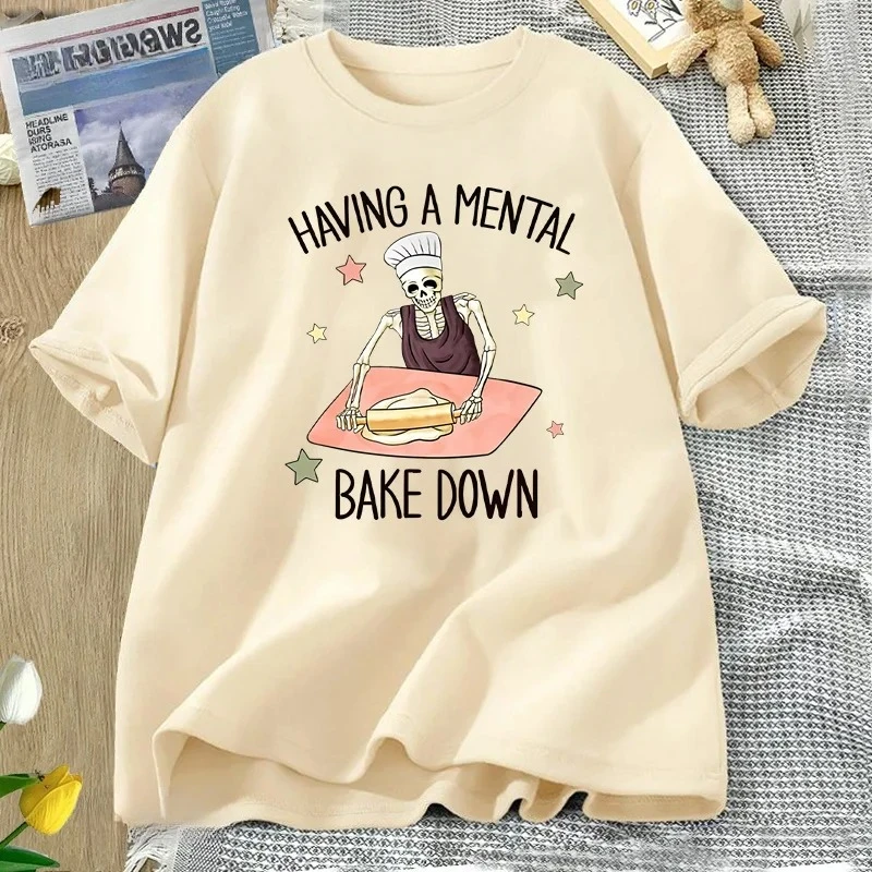 وجود العقلية خبز أسفل التي شيرت مضحك قصيرة الأكمام للأم تي شيرت الشيف الهيكل العظمي بيكر تي شيرت الجولة الرقبة ملابس امرأة Y2K #2