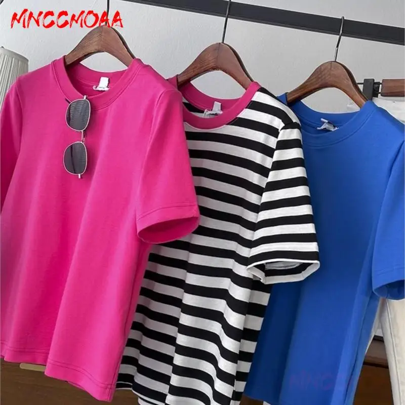 

MNCCMOAA-Women's Round Neck Short Sleeve Stripe T-Shirt, Female Casual Loose Tees, High Quality Tops, Summer Fashion, 2024