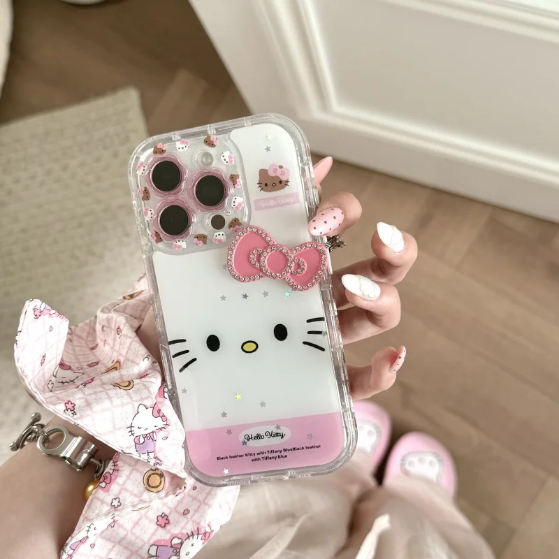 

Luxury Cute Diamond pink Bow cartoon Hello Kitty Bling Glitte Phone Case For iPhone 13 14 15 16 Pro Max lovley KT Glitte Cover