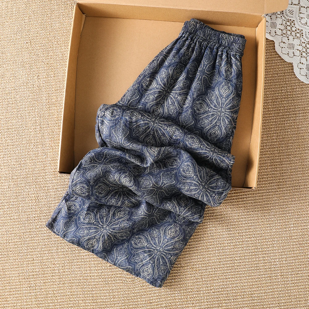 Casual Artistic Wide Leg Pants Women's Loose Elastic Waist Cotton Lyocell Blend Summer New Style Retro Print Trousers