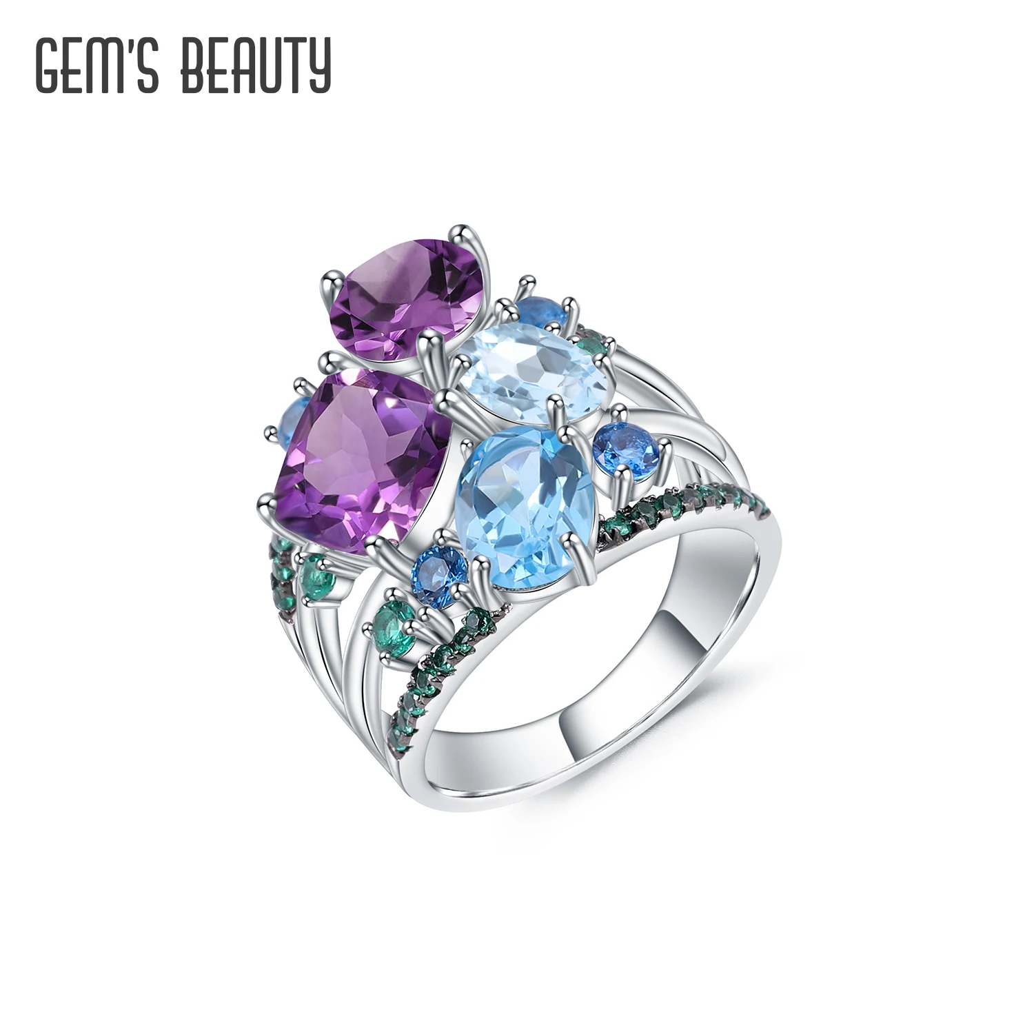 

GEM'S BEAUTY Multicolor Natural Amethyst Topaz Gemstone Ring For Women Solid 925 Sterling Silver Wedding Ring Gifts Fine Jewelry