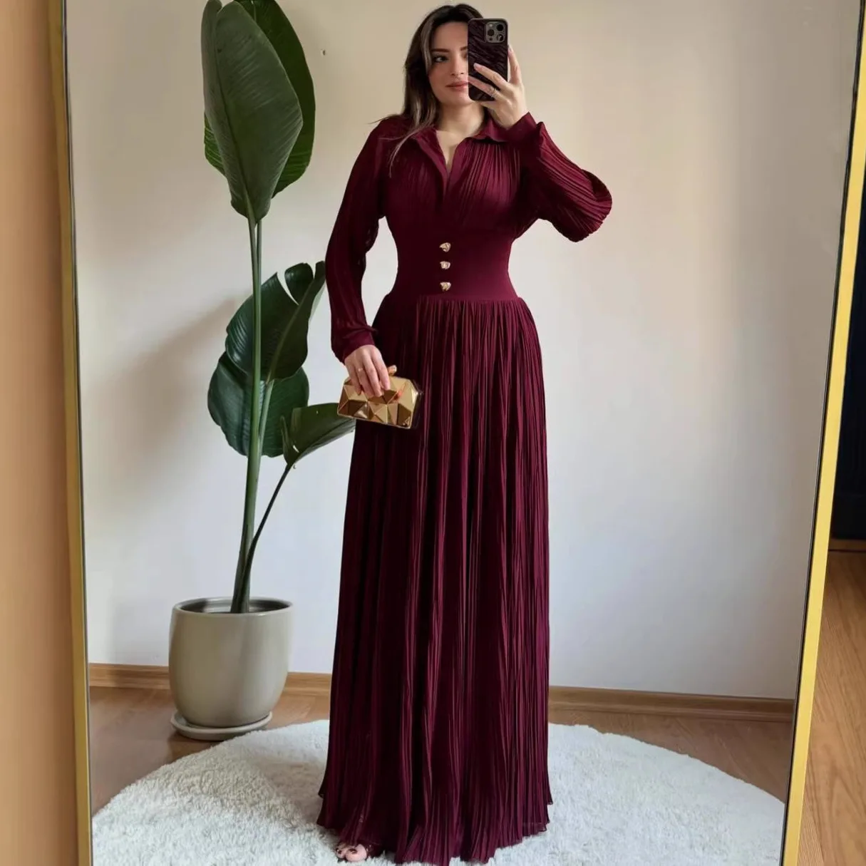 

Women Full Dress Party Pleated Dresses Turn Down Collar Buttons High Waist Folds Maxi Gown Spring 2026 Vestidos Elegant A Line