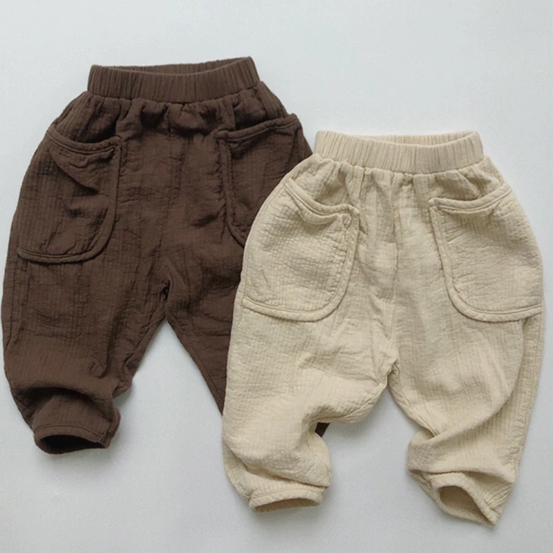 Children Cotton Linen Solid Color Pants Baby Boys Girls Pants Elastic Waist Trousers Spring Autumn 1-6Yrs Kids Casual Pant