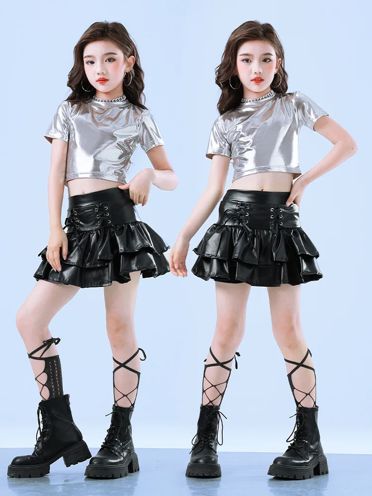 

Girls K-pop Silver Sequin Top Leather Goth Skirts Clothes Sets Kids Hip Hop Street Dance Costumes Children Girl Group Streetwear